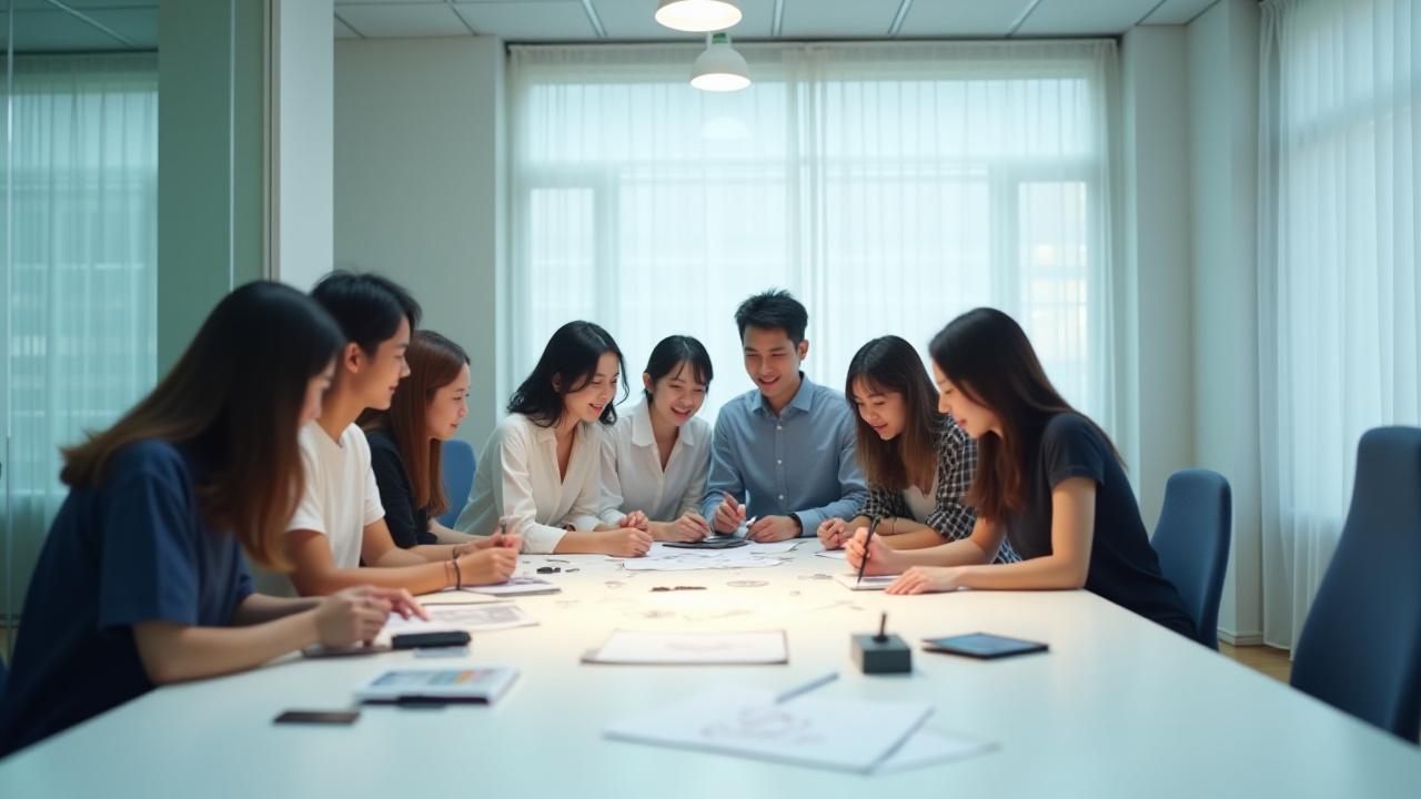 多様な学生たちが最先端のスタジオで協力し、笑顔でアイデアを出し合っている様子