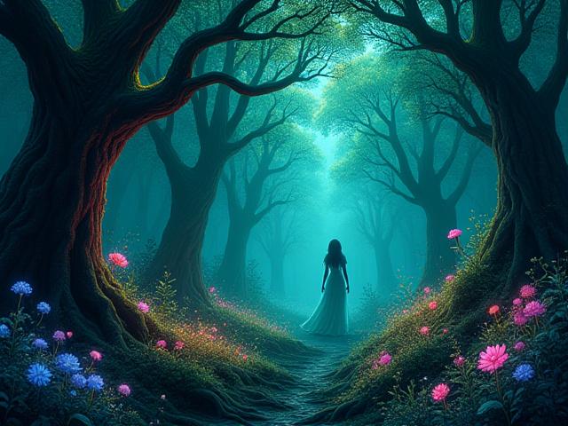 AIが生成した幻想的な森林の背景に、手描きで緻密に描かれた神秘的な森の精霊