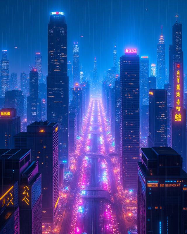 DALL-Eで生成された都市のサイバーパンクな夜景に、手書きの日本の伝統的な模様のネオンライト