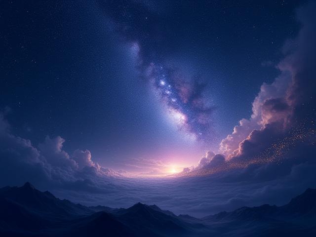 Stable Diffusionによって描かれた壮大な宇宙の背景に、ミニマリストな手描きのアート要素が浮かぶ