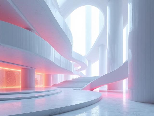 Adobe Fireflyで生成された未来的な建築物のコンセプトに、人間のデザイナーが細部まで手直ししたパース