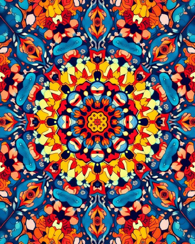 AIが生成した曼荼羅のような複雑なパターンに、筆で描かれた禅の要素が調和する