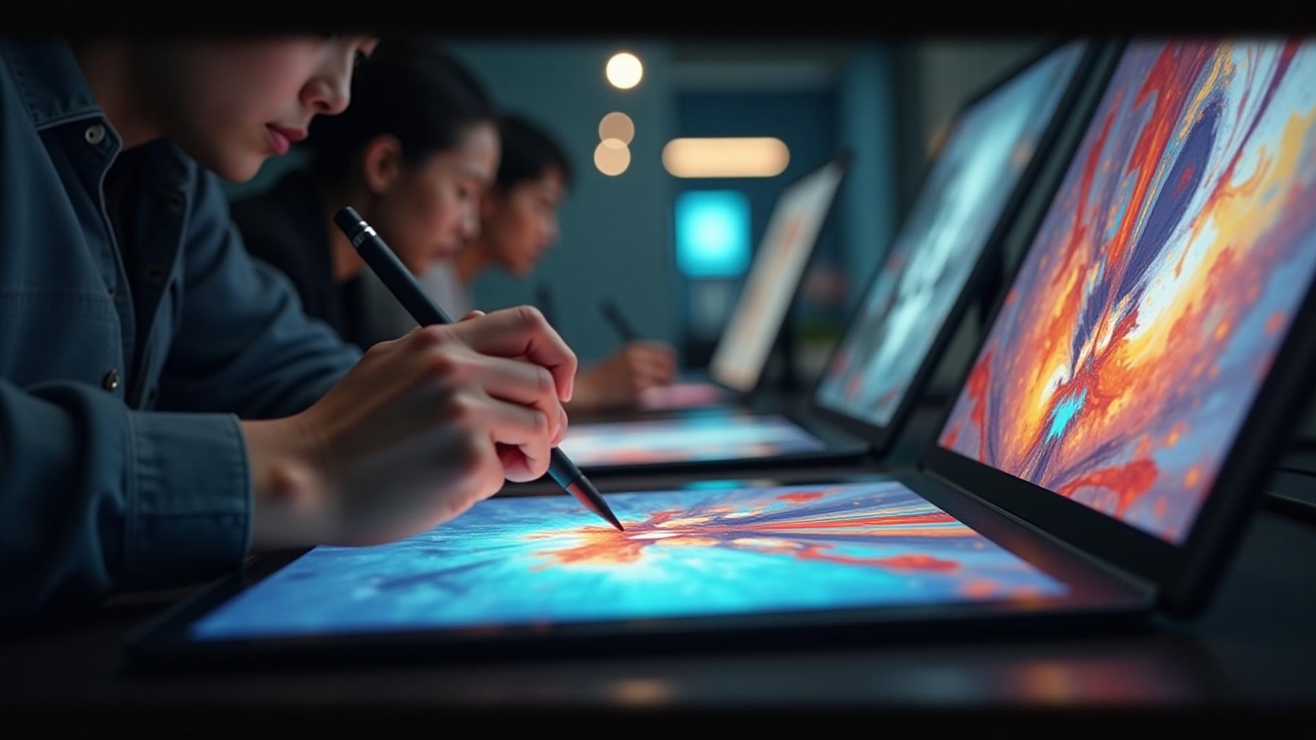 Collage of students creating digital art on tablets