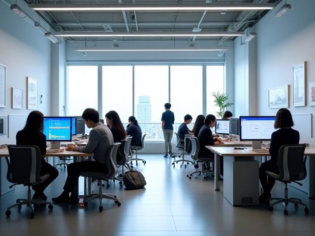 Modern Melydrakensoria studio interior with students collaborating