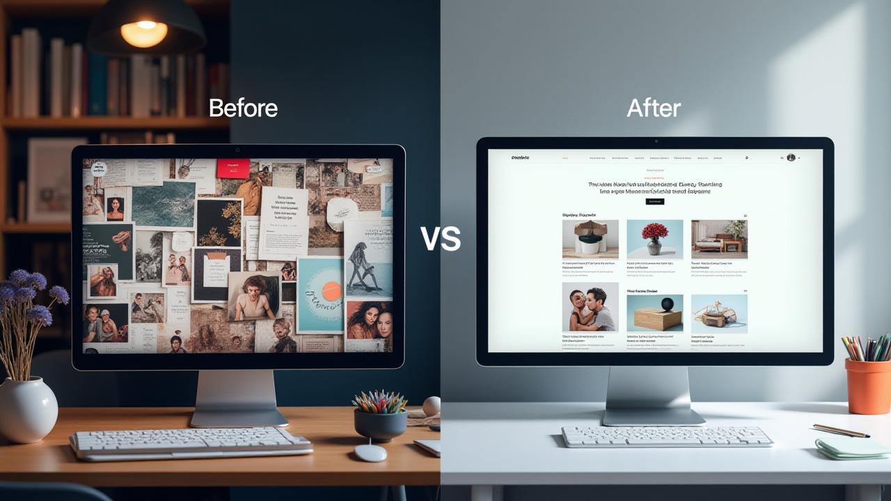 散らかりと整然としたポートフォリオを比較する「ビフォーアフター」ビジュアル