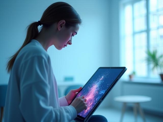 AIが生成した抽象的な絵画とアーティストがタブレットで作業している