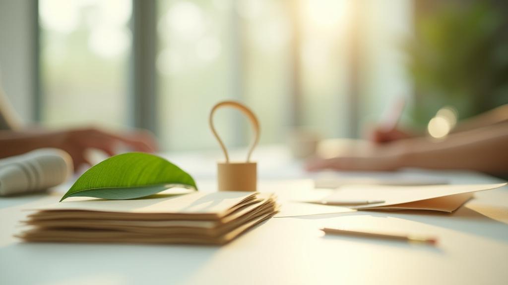 An aesthetically pleasing image combining natural elements like verdant leaves and light wood grain with subtle design objects made from recycled paper, symbolizing eco-friendly design and sustainability.