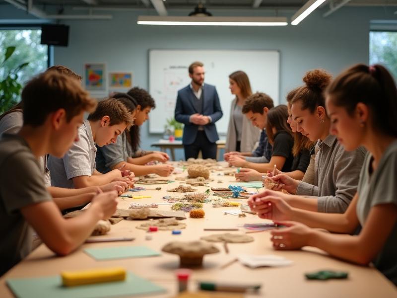 Students actively engaged in a hands-on workshop, working with various recycled materials to create new design prototypes, with a guest speaker engaging with them in the background.